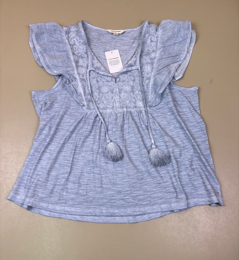 Lucky Brand Women’s Medium Blue Embroidered Flutter Sleeve Tassel Top NWT